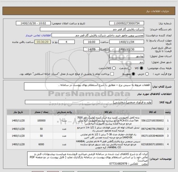 استعلام  قطعات مربوط به سینی برج -- مطابق با شرح استعلام بهای پیوست در سامانه . 