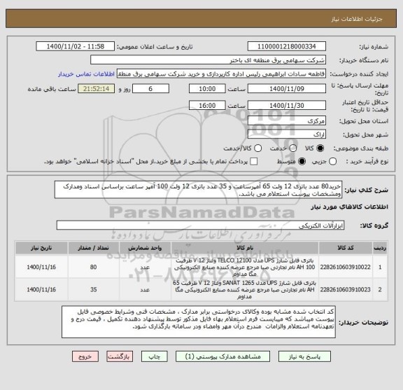 استعلام خرید80 عدد باتری 12 ولت 65 آمپرساعت و 35 عدد باتری 12 ولت 100 آمپر ساعت براساس اسناد ومدارک ومشخصات پیوست استعلام می باشد.