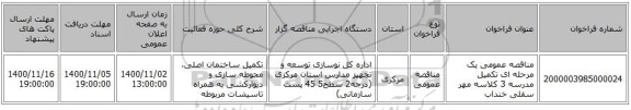 مناقصه عمومی یک مرحله ای تکمیل مدرسه 3 کلاسه مهر سفلی خنداب