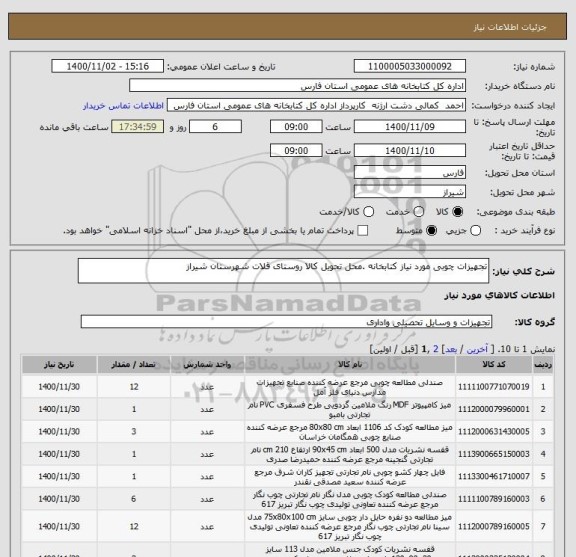 استعلام تجهیزات چوبی مورد نیاز کتابخانه .محل تحویل کالا روستای قلات شهرستان شیراز 