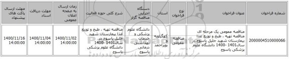 مناقصه عمومی یک مرحله ای مناقصه    تهیه ، طبخ و توزیع غذا   بیمارستان شهید جلیل یاسوج  در سال1401 -1400  دانشگاه علوم پزشکی یاسوج