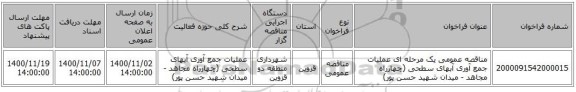 مناقصه عمومی یک مرحله ای عملیات جمع آوری آبهای سطحی (چهارراه مجاهد - میدان شهید حسن پور)