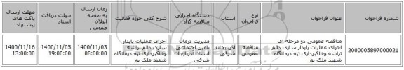 مناقصه عمومی دو مرحله ای اجرای عملیات پایدار سازی دائم تراشه وخاکبرداری تپه درمانگاه شهید ملک پور 