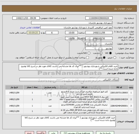 استعلام خرید اقلام الکتریکی شهرداری بهشهر ( **ایران کد ها مشابه می باشند کالای مورد نظر در شرح کالا توضیح داده شده است **)