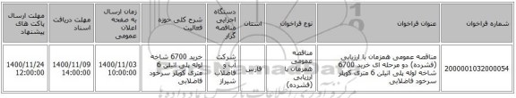 مناقصه عمومی همزمان با ارزیابی (فشرده) دو مرحله ای خرید 6700 شاخه لوله پلی اتیلن 6 متری کوپلر سرخود فاضلابی