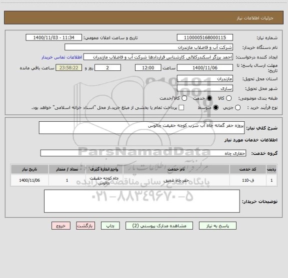 استعلام پروژه حفر گمانه چاه آب شرب کوچه حقیقت چالوس 