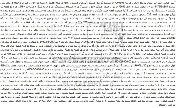 آگهی مزایده ششدانگ یک دستگاه آپارتمان مسکونی واقع در طبقه همکف به مساحت 71/30 متر مربع