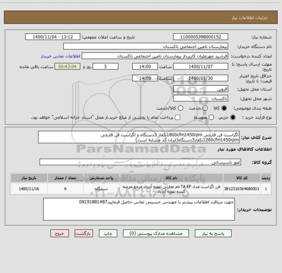 استعلام اگزاست فن قارچی 1800cfm1450rpmتکفاز 3دستگاه و اگزاست فن قارچی 1200cfm1450rpmتکفاز3دستگاه(ایران کد مشابه است)