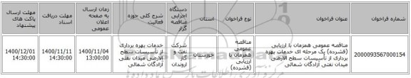 مناقصه عمومی همزمان با ارزیابی (فشرده) یک مرحله ای خدمات بهره برداری از تأسیسات سطح الارضی میدان نفتی آزادگان شمالی