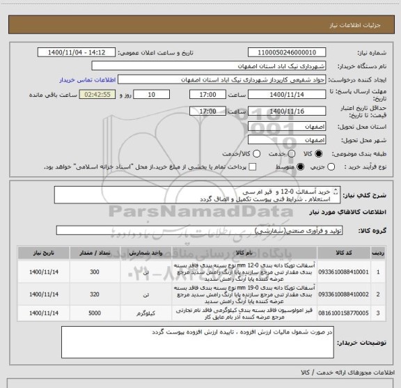 استعلام خرید آسفالت 0-12 و  قیر ام سی
استعلام . شرایط فنی پیوست تکمیل و الصاق گردد
