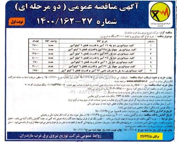 مناقصه خرید انواع کلید مینیاتوری به تعداد 30000