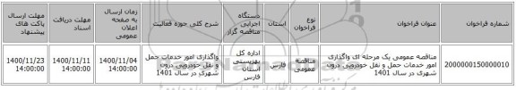 مناقصه عمومی یک مرحله ای واگذاری امور خدمات حمل و نقل خودرویی درون شهری در سال 1401