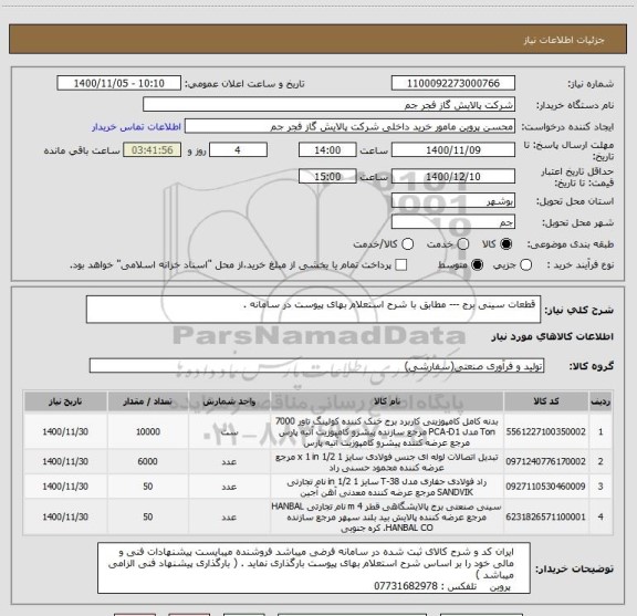 استعلام  قطعات سینی برج --- مطابق با شرح استعلام بهای پیوست در سامانه . 