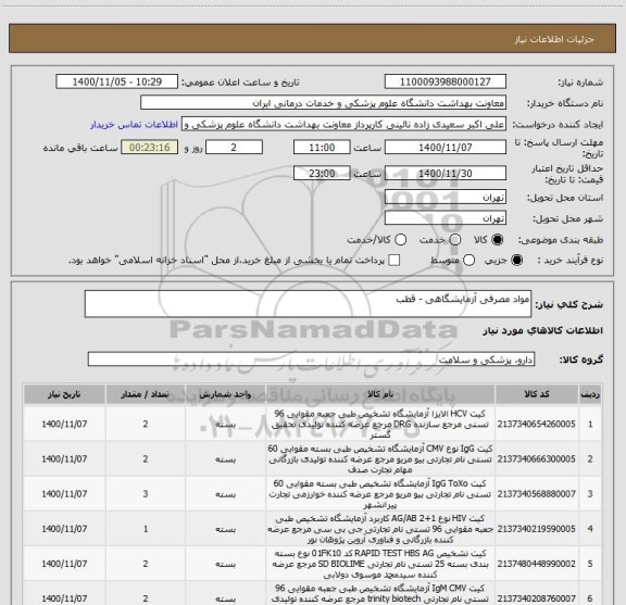 استعلام مواد مصرفی آزمایشگاهی - قطب 