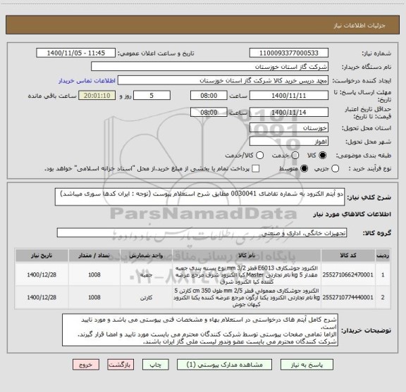 استعلام دو آیتم الکترود به شماره تقاضای 0030041 مطابق شرح استعلام پیوست (توجه : ایران کدها سوری میباشد)