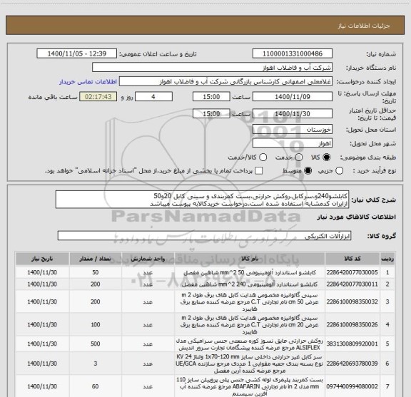 استعلام کابلشو240و،سرکابل،روکش حرارتی،بست کمربندی و سینی کابل 20و50
ازایران کدمشابه استفاده شده است.درخواست خریدکالابه پیوست میباشد