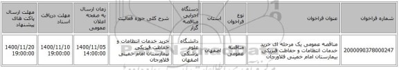 مناقصه عمومی یک مرحله ای خرید خدمات انتظامات و حفاظت فیزیکی بیمارستان امام خمینی فلاورجان