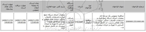 مناقصه عمومی یک مرحله ای عملیات اجرای شبکه جمع آوری و انشعابات فاضلاب خانگی خیابان های هلالی و زینب حد فاصل خیابان کسایی تا ابهری و خیابان میمندی و...