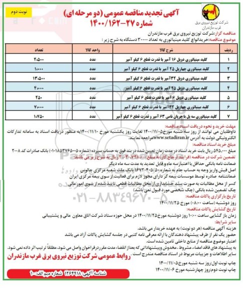 تجدید مناقصه ، تجدید مناقصه خرید انواع کلید مینیاتوری به تعداد 30000 دستگاه - نوبت دوم 