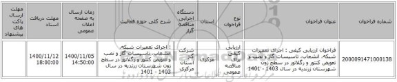 فراخوان ارزیابی کیفی :  اجرای تعمیرات شبکه، انشعاب، تاسیسات گاز و نصب و تعویض کنتور و رگلاتور در سطح زون شهرستان زرندیه در سال  1403 - 1401