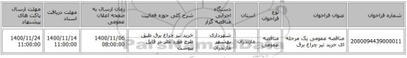 مناقصه عمومی یک مرحله ای خرید تیر چراغ برق