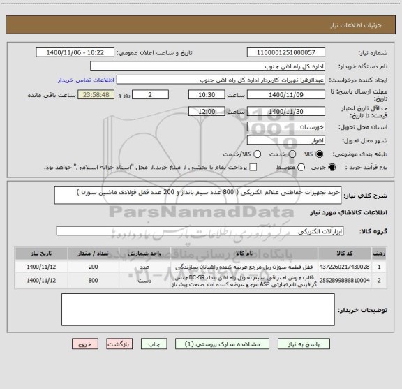 استعلام خرید تجهیزات حفاظتی علائم الکتریکی ( 800 عدد سیم بانداژ و 200 عدد قفل فولادی ماشین سوزن )