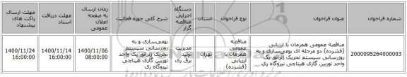 مناقصه عمومی همزمان با ارزیابی (فشرده) دو مرحله ای بومی‌سازی و به روزرسانی سیستم تحریک ژنراتور یک واحد توربین گازی هیتاچی نیروگاه ری