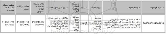 مناقصه عمومی همزمان با ارزیابی (فشرده) یک مرحله ای واگذاری و تامین فعالیت های خدماتی و نظافتی در حوزه شرکت توزیع نیروی برق استان گیلان