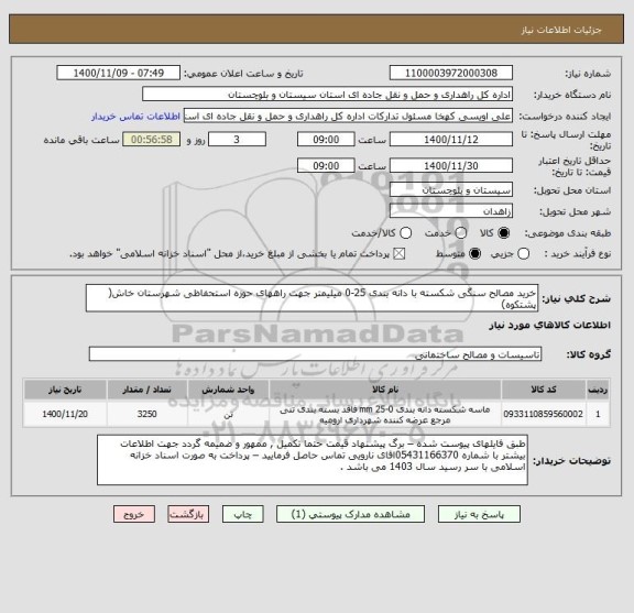 استعلام خرید مصالح سنگی شکسته با دانه بندی 25-0 میلیمتر جهت راههای حوزه استحفاظی شهرستان خاش( پشتکوه) 