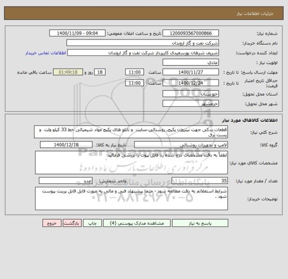 استعلام قطعات یدکی جهت نیتروژن پکیج, روشنائی سایت  و تابلو های پکیج مواد شیمیائی خط 33 کیلو ولت  و پست برق 