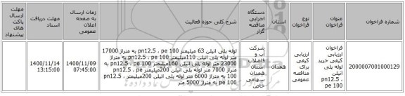 فراخوان ارزیابی کیفی خرید لوله پلی اتیلن pn12.5 ، pe 100