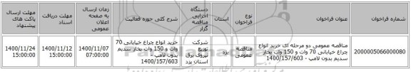 مناقصه عمومی دو مرحله ای خرید انواع چراغ خیابانی 70 وات و 150 وات بخار سدیم بدون لامپ - 1400/157/603