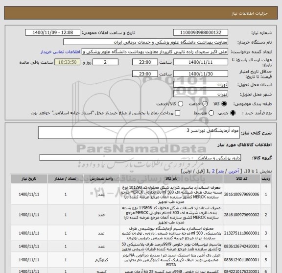 استعلام مواد آزمایشگاهی تهرانسر 3