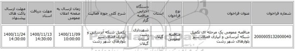 مناقصه عمومی یک مرحله ای تکمیل شبکه آبرسانی و آبیاری فضای سبز بلوارهای شهر رشت 