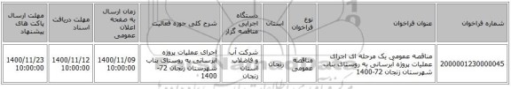 مناقصه عمومی یک مرحله ای اجرای عملیات پروژه آبرسانی به روستای بناب شهرستان زنجان 72-1400