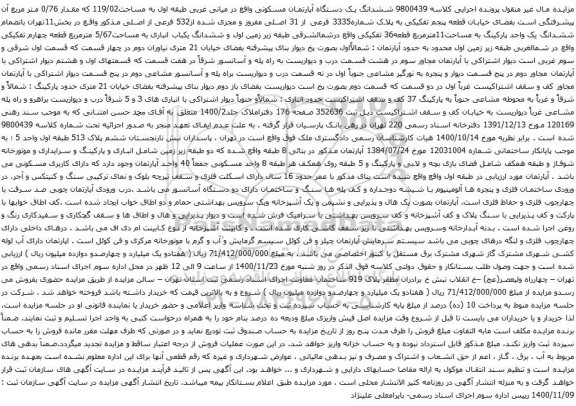 آگهی مزایده ششدانگ یک دستگاه آپارتمان مسکونی واقع در میانی غربی طبقه اول به مساحت119/02 