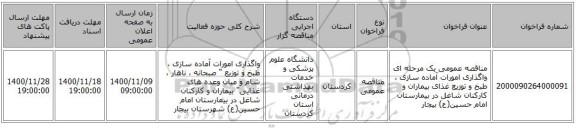 مناقصه عمومی یک مرحله ای واگذاری امورات آماده ‏سازی ،  طبخ  و توزیع غذای بیماران و کارکنان شاغل در بیمارستان امام حسین(ع) بیجار