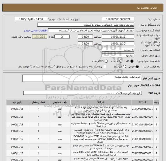 استعلام خرید ترالی وتخت معاینه 