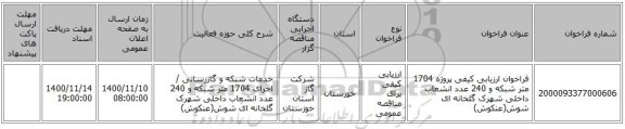 فراخوان ارزیابی کیفی پروژه 1704 متر شبکه و 240 عدد انشعاب داخلی شهرک گلخانه ای شوش(عنکوش)