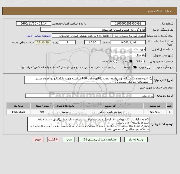 استعلام اجاره تعداد یکدستگاه لودرباراننده بمدت (40روزمعادل 400 ساعت- جهت بازگشایی و اصلاح مسیر محورهای(سرتنگ آبید،سرگچ 
 و ......شهرستان باغملک 