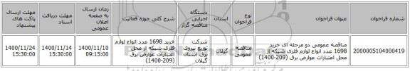 مناقصه عمومی دو مرحله ای خرید 1698 عدد انواع لوازم فلزی شبکه از محل اعتبارات عوارض برق (209-1400)