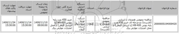 مناقصه عمومی همزمان با ارزیابی (فشرده) دو مرحله ای خرید 450 عدد پایه بتونی H9-400 (با ارزیابی کیفی) از محل اعتبارات عوارض برق