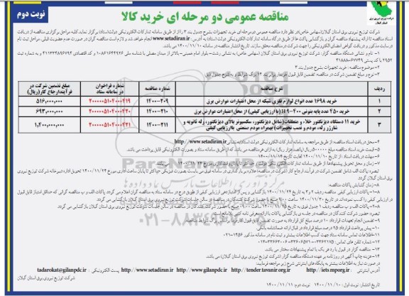 مناقصه خرید 1698 عدد انواع لوازم فلزی شبکه ... نوبت دوم 