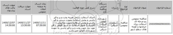 مناقصه عمومی دو مرحله ای آسفالت ریزی خیابانها و کوچه های سطح شهر