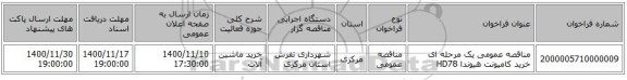 مناقصه عمومی یک مرحله ای خرید کامیونت هیوندا HD78 