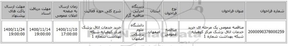 مناقصه عمومی یک مرحله ای خرید خدمات اتاق بزشک مرکز کوهبایه شبکه بهداشت شماره 1