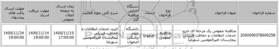 مناقصه عمومی یک مرحله ای خرید خدمات انتظامات و حفاظت فیزیکی بیمارستان  امیرالمومنین شهرضا