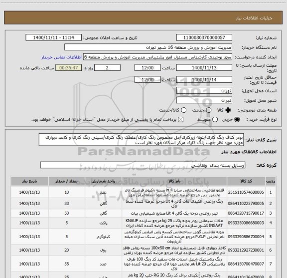 استعلام پودر کناف رنگ کاری/بتونه زیرکاری/مل مخصوص رنگ کاری/غلطک رنگ کتری/سینی رنگ کاری و کاغذ دیواری موارد مورد نظر جهت رنگ کاری مرکز اسکان مورد نظر است