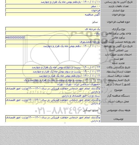 واگذاری انجام امور خدماتی حفاظت فیزیکی در سال ۱۴۰۱-۱۴۰۰وزارت امور اقتصادی و دارایی