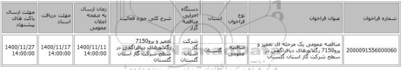 مناقصه عمومی یک مرحله ای تعمیر و پرو7150 رگلاتورهای دیافراگمی در سطح شرکت گاز استان گلستان